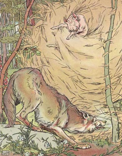 Original Illustration of wolf and straw house from Three Little Pigs bedtime story