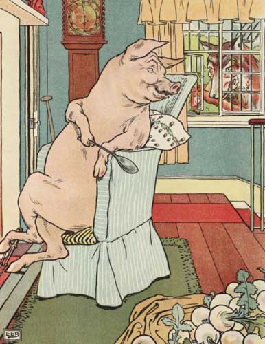 Original Illustration of pig and wolf fromThree Little Pigs bedtime story