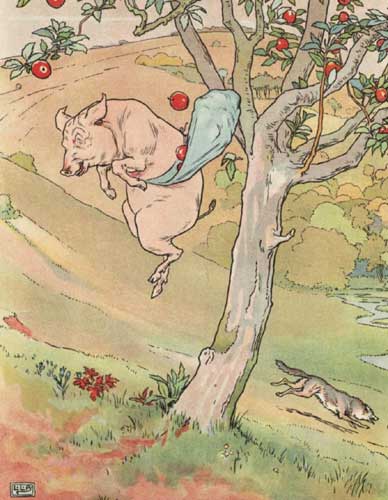 Original Illustration of pig and apples from Three Little Pigs bedtime story