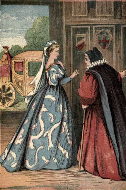 Original vintage illustration of girl in blue dress with fairy godmother for Cinderella fairy tale