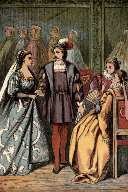 Original vintage illustration of Cinderella talking with courtiers at the ball for Cinderella fairy tale