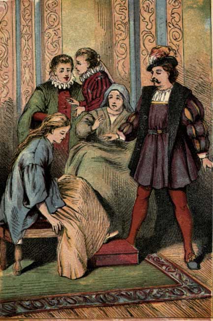 Original vintage illustration of Cinderella trying on glass slipper for Cinderella fairy tale