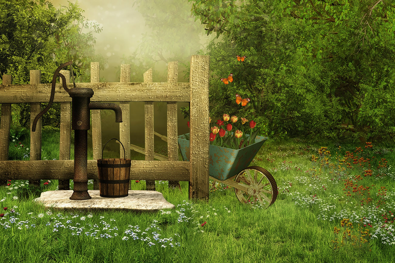 Illustration of wheelbarrow in garden for children's short story The Devoted Friend
