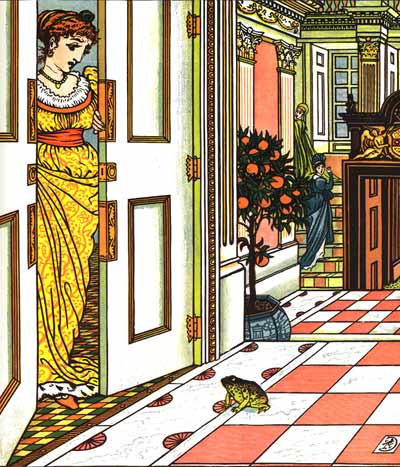 Princess sees frog in her home - Original illustration by Walter Crane for the kids short story The Frog Prince 
