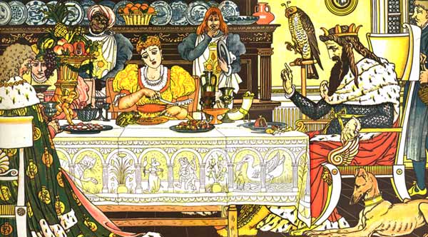 Frog eats with Princess at the table - Original illustration by Walter Crane for the kids short story The Frog Prince 
