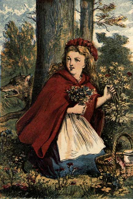 Vintage storybook illustration of Little Red Riding Hood in forest with flowers