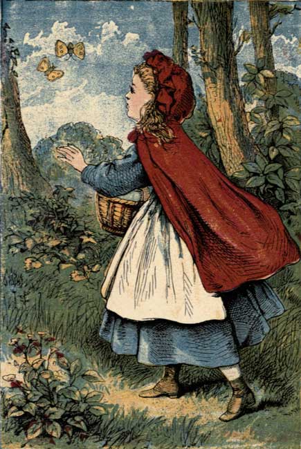 Vintage storybook illustration of Little Red Riding Hood walking in forest with basket