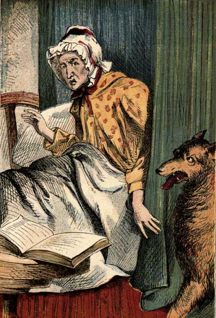 Vintage storybook illustration of Little Red Riding Hood's grandmother with wolf