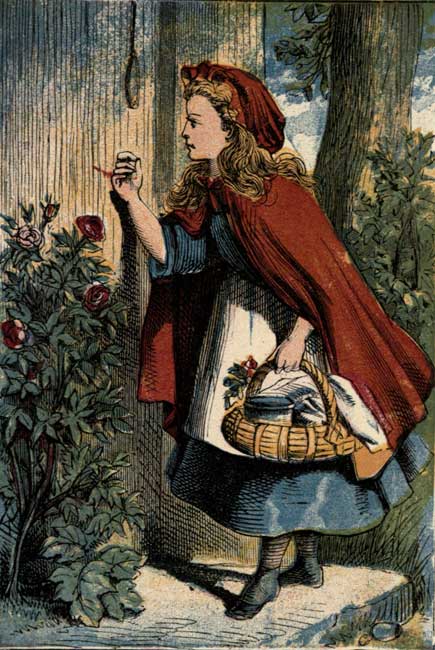 Vintage storybook illustration of Little Red Riding Hood knocking at grandmother's door