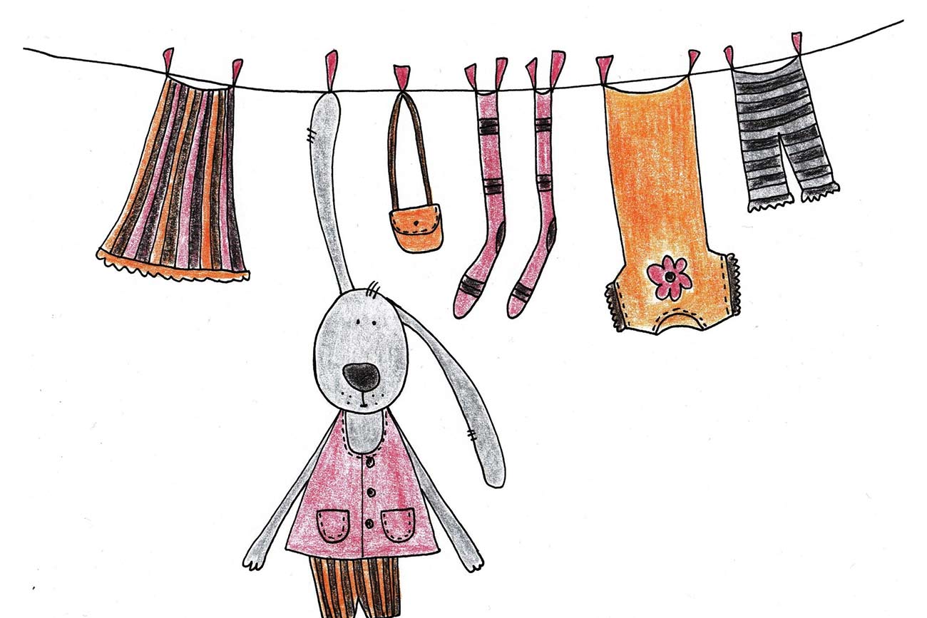 Illustration of bunny on a line for children's short story The Velveteen Rabbit