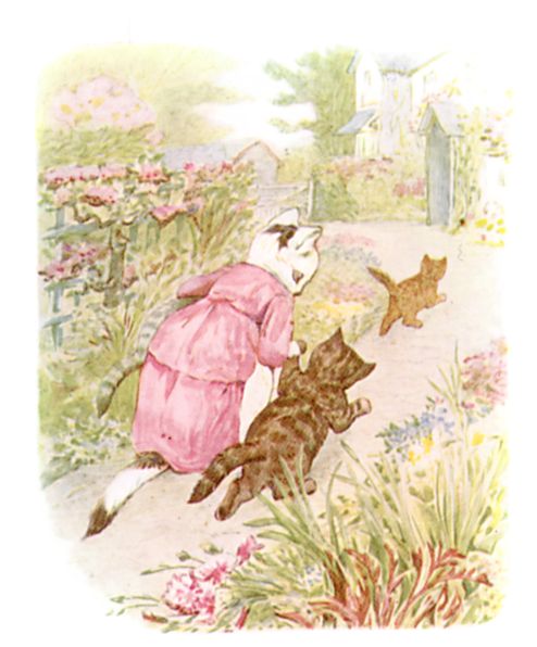 Beatrix Potter illustration of mother and baby cats on garden path for bedtime story Tom Kitten
