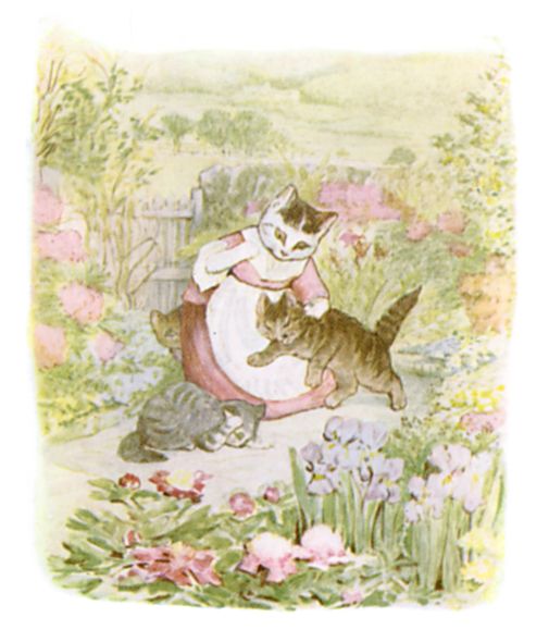 Beatrix Potter illustration of mother and baby cat for bedtime story Tom Kitten