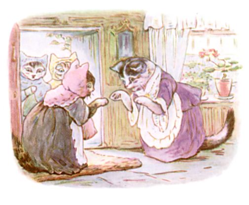 Beatrix Potter illustration of mother cats talking for bedtime story Tom Kitten