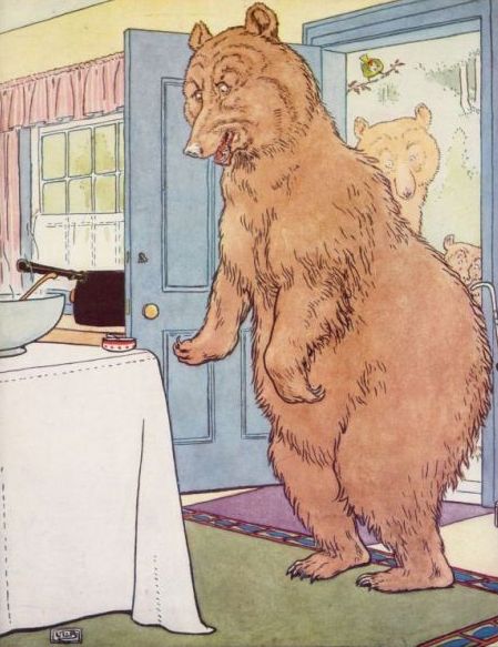 Vintage illustration of bear coming home in Goldilocks and the Three Bears bedtime story