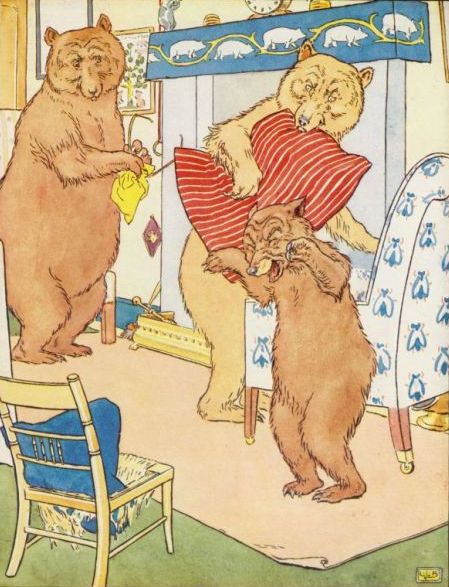 Vintage illustration of baby bear crying at chair for Goldilocks and the Three Bears bedtime story