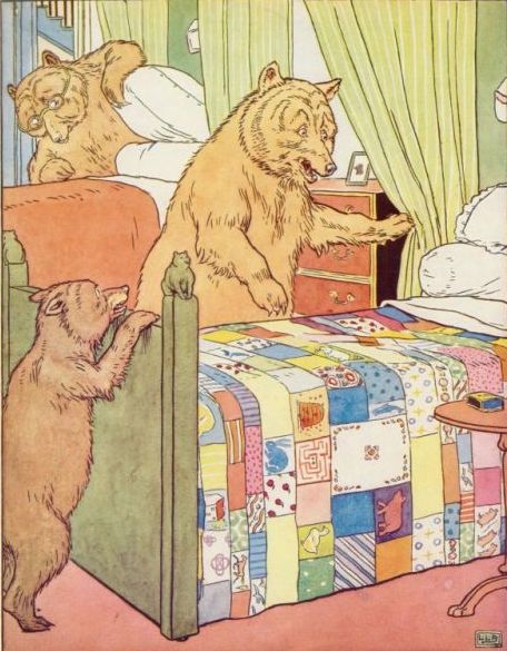 Vintage illustration of Poppa bear and baby bear beside bed in Goldilocks and the Three Bears bedtime story