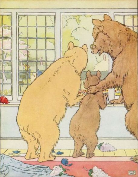 Vintage illustration of three bears at window in Goldilocks and the Three Bears bedtime story