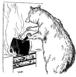 Vintage black and white illustration of bear cooking porridge for Goldilocks and the Three Bears bedtime story