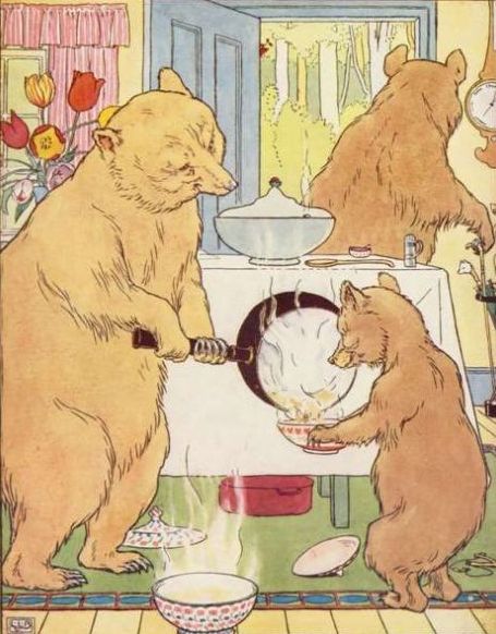Vintage color illustration of bear pouring porridge for baby bear in Goldilocks and the Three Bears bedtime story