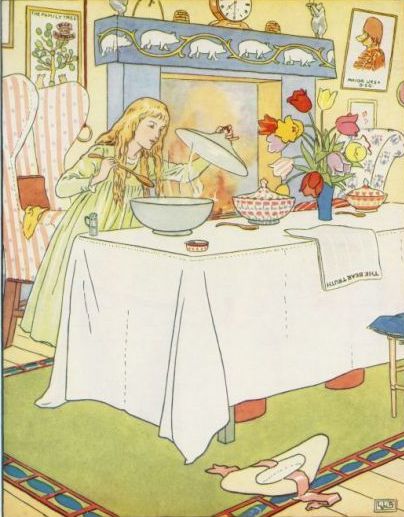 Vintage illustration of Goldilocks looking at porridge for the Three Bears bedtime story