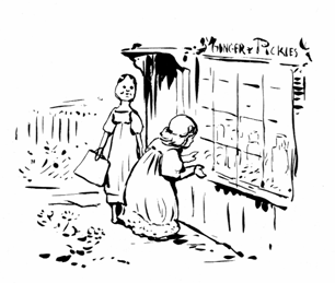 Original Beatrix Potter sketch of children outside shop, for Ginger and Pickles bedtime story