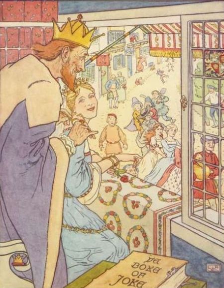 Vintage illustration of king and queen watching people dancing on street, for the Golden Goose bedtime story