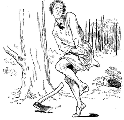 Vintage illustration of woodcutter and axe, for the Golden Goose bedtime story