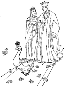 Vintage illustration of king, queen and goose for the Golden Goose bedtime story
