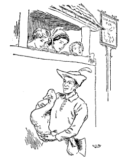 Vintage illustration of man carrying goose, for the Golden Goose bedtime story