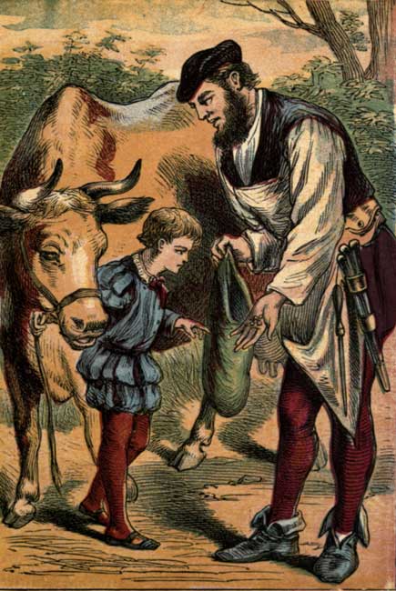 Original vintage illustration of boy and cow at market for kids story Jack and the Beanstalk