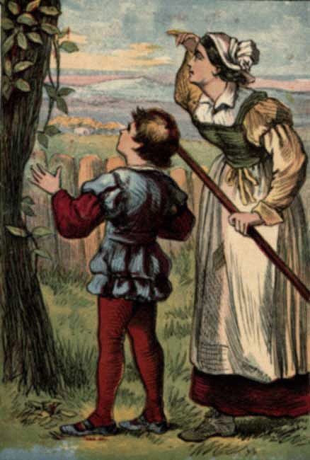 Original vintage illustration of boy and mother with bean stalk for kids story Jack and the Beanstalk