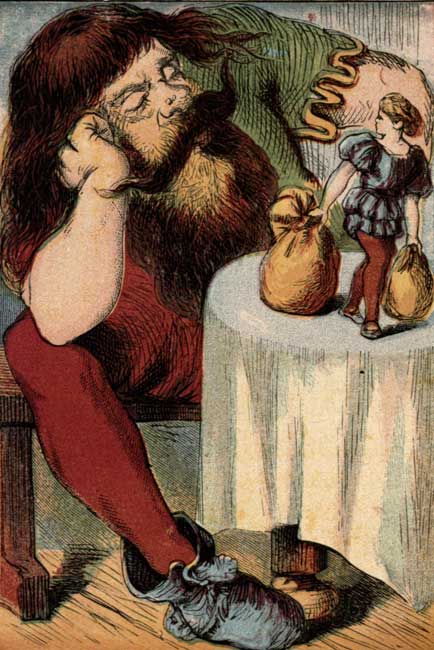 Original vintage illustration of giant and Jack with bags of gold for kids story Jack and the Beanstalk