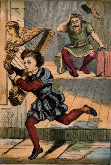 Original vintage illustration of Jack escaping giant with magic harp for kids story Jack and the Beanstalk
