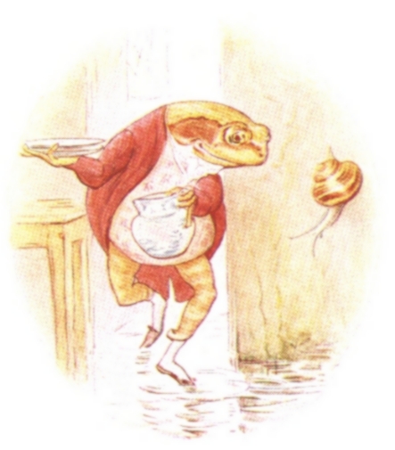 Vintage Beatrix Potter illustration of frog in red waistcoat, from Jeremy Fisher short story for kids