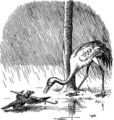 Original illustration of crane and crow in the wet rain, by L. Leslie Brooke for the bedtime story Johnny Crow's Garden