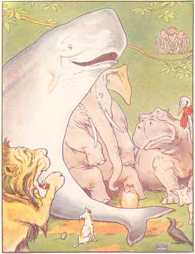 Original color illustration of whale, elephant and hippo, by L. Leslie Brooke for the bedtime story Johnny Crow's Garden