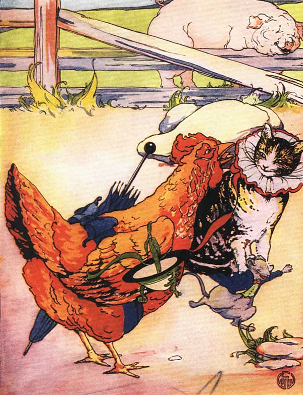 Original vintage illustration of hen and cat walking for children's short story The Little Red Hen