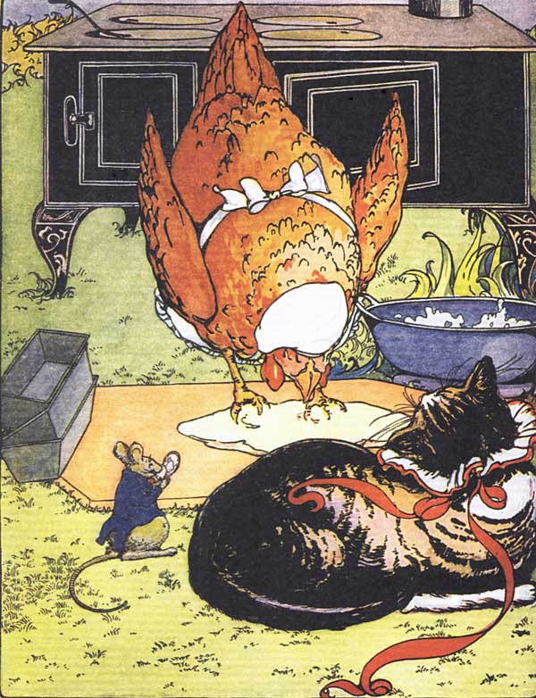 Original vintage illustration of chicken, cat and rat in barn, for children's short story The Little Red Hen