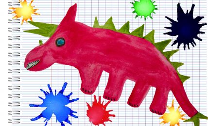 Watercolour triceratops with paint splotches for short stories for kids The Magic Paintbrush