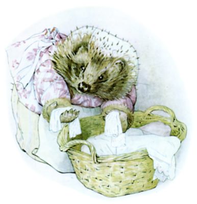 Beatrix Potter illustration of hedgehog and washing basket for bedtime story Tiggy Winkle