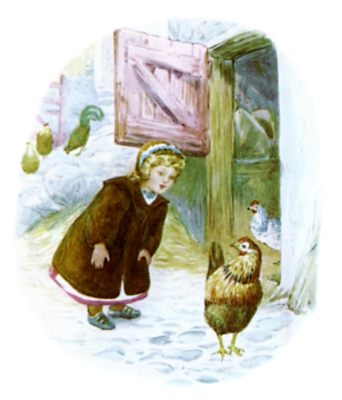 Beatrix Potter illustration of girl aand chickens for bedtime story Tiggy Winkle