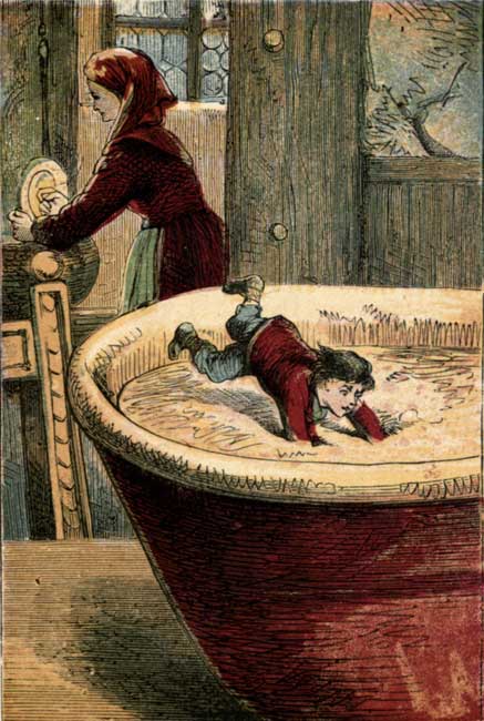 Vintage illustration of small baby falling into salt bowl for children's short story Tom Thumb