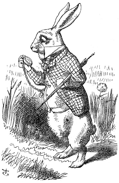 Original children's illustration by John Tenniel of white rabbit and pocket watch from Alice in Wonderland 