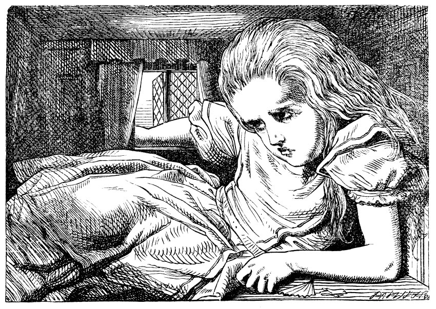 Original children's illustration by John Tenniel of growing girl from Alice in Wonderland 