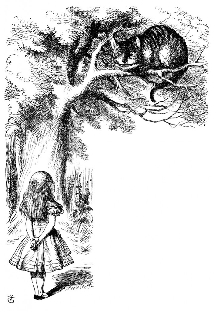 Original children's illustration by John Tenniel of Alice talking to Cheshire Cat from Alice in Wonderland 