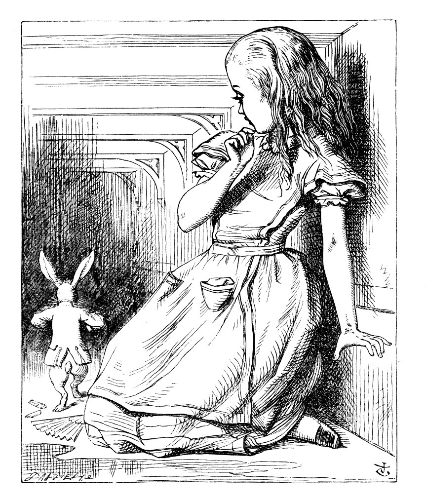 Original children's illustration by John Tenniel of Alice and white rabbit from Alice in Wonderland 