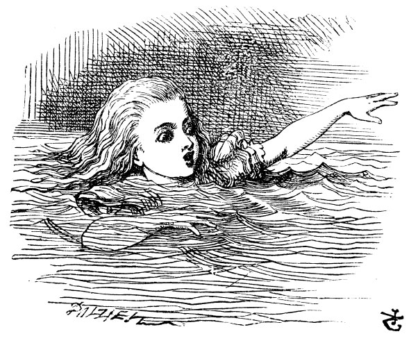 Original children's illustration by John Tenniel of Alice swimming from Alice in Wonderland 