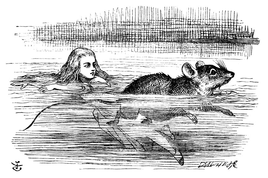 Original children's illustration by John Tenniel of swimming in tears from Alice in Wonderland 