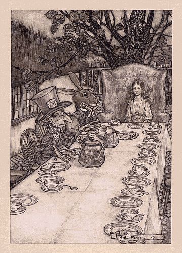 Original children's illustration of Mad Tea Party from Alice in Wonderland 