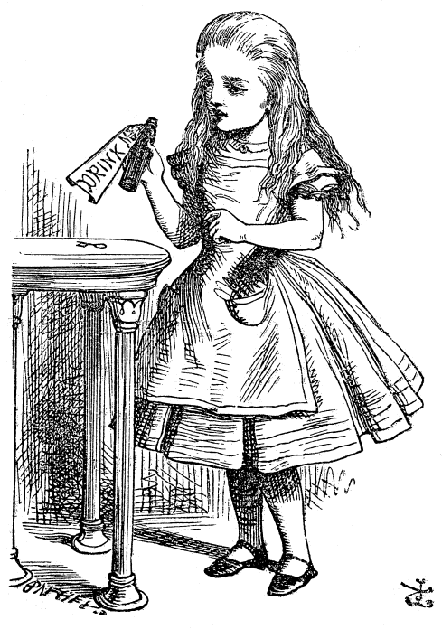 Original children's illustration by John Tenniel of Drink Me Bottle from Alice in Wonderland 
